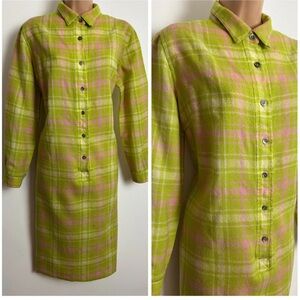 Vintage Plaid Button-Up Dress in Green and Pink